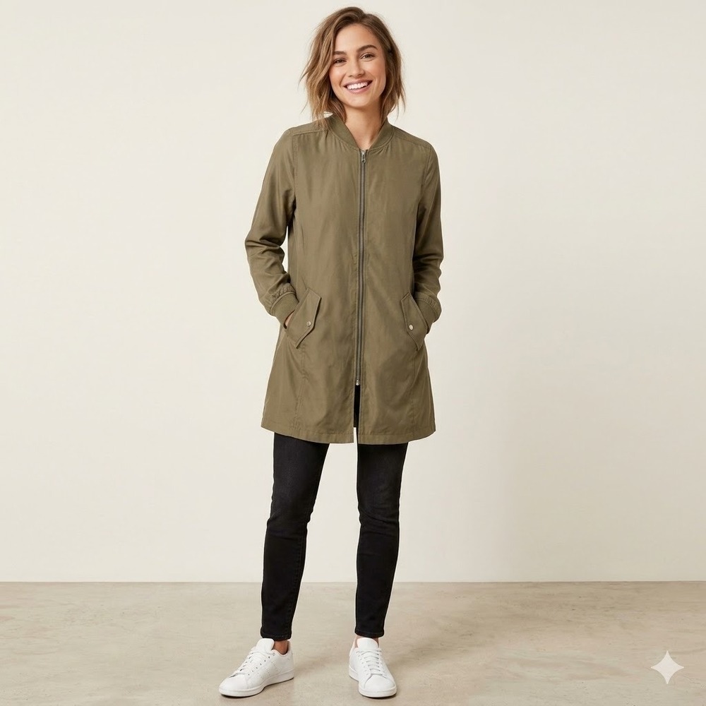 Bershka Outerwear Jacket Women Medium Olive Green Longline Full Zip Utility Coat